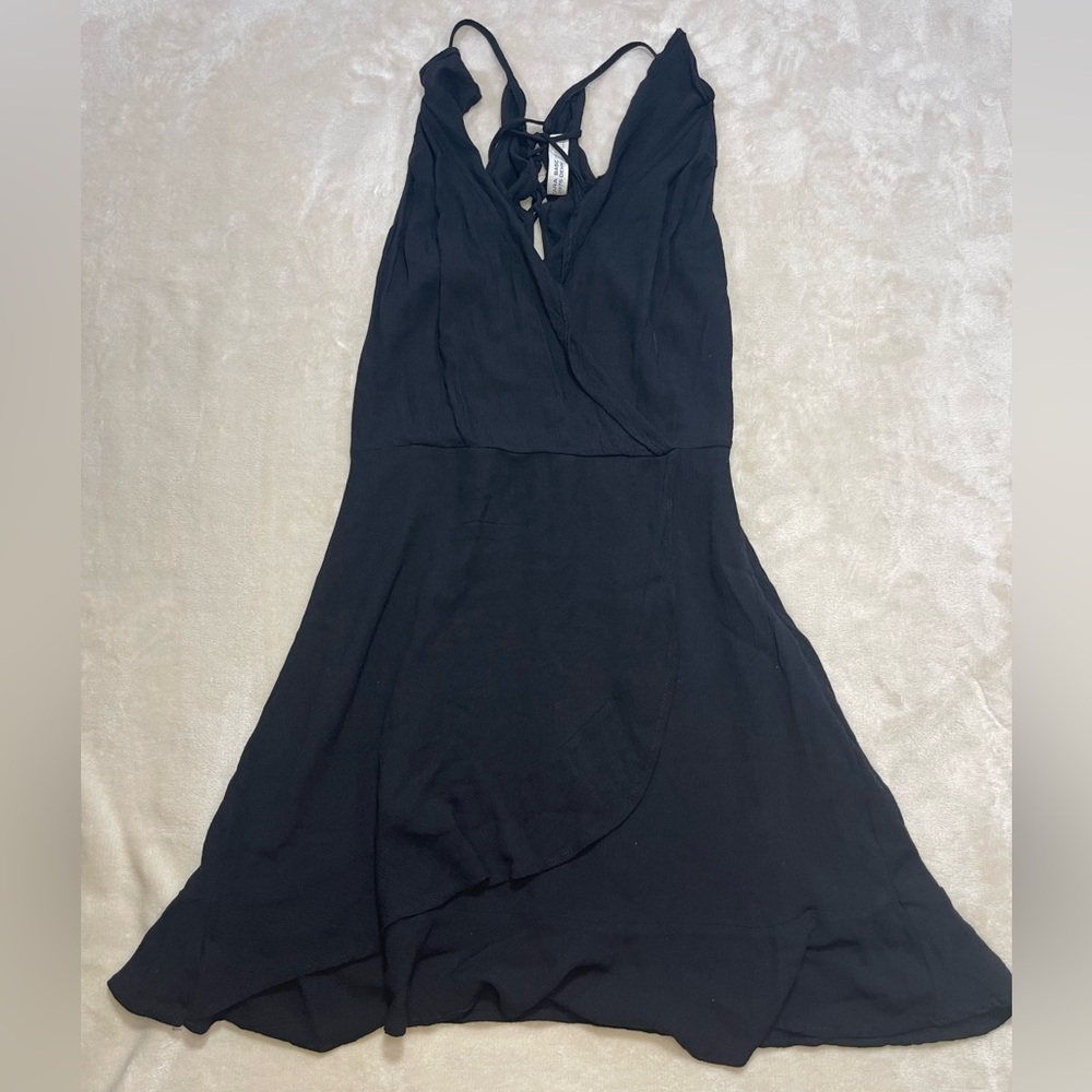 ZARA Black Mini Dress S Lace-Up Back Flowy V Neck Party Slip Dress
